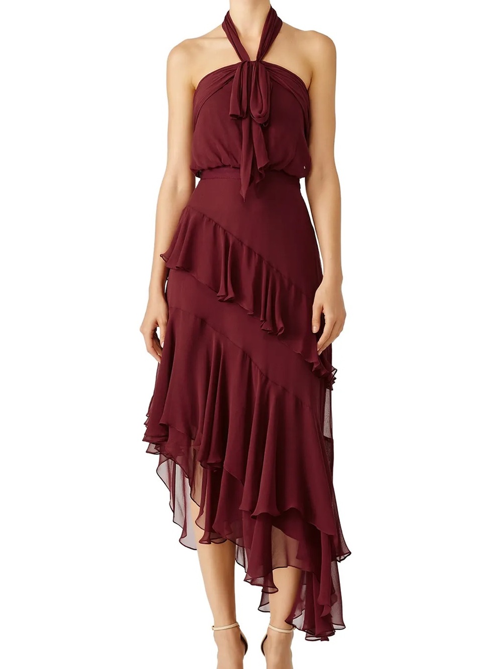 Cinq a sept Burgundy Halter Ruffled Evening Dress